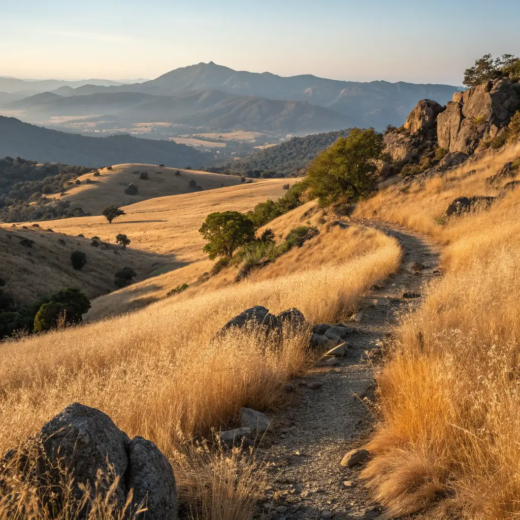 12 Jaw-Dropping Free Adventures in Calistoga That Will Blow Your Mind (Without Blowing Your Budget) Late afternoon view of Oat Hill Mine Trail with rocky hiking path, golden grasslands, and distant mountain silhouettes