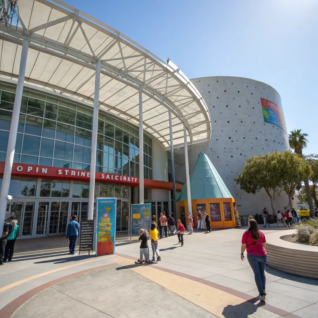 Visitors exploring the California Science Center's modern exterior, engaging with interactive exhibits under the bright natural light