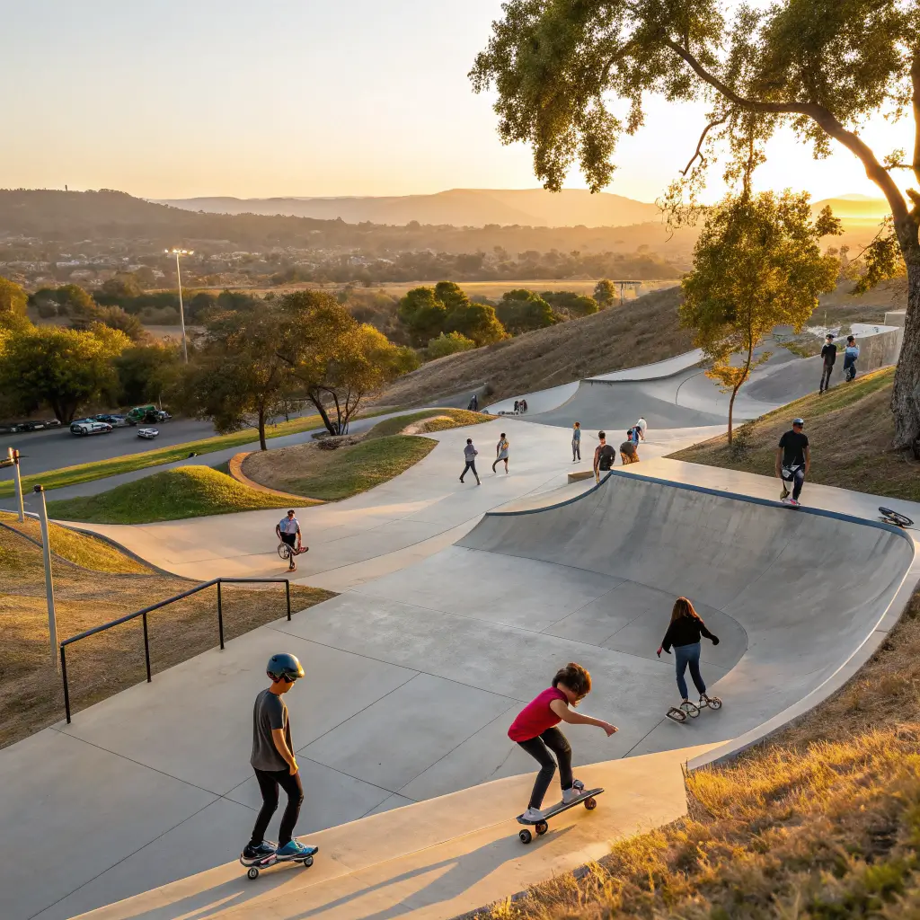 Teens and kids skateboarding and scooting at a vibrant California skateboard park during golden hour, surrounded by chaparral landscape