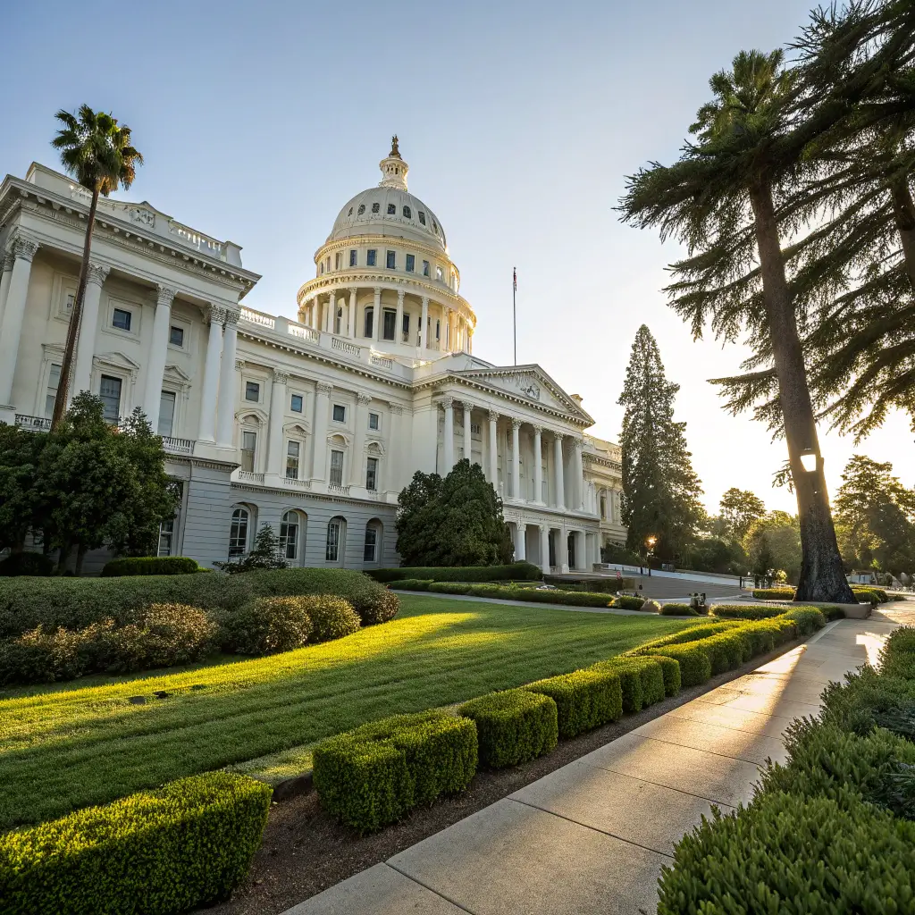 California State Capitol building with neoclassical architecture, white facade, landscaped gardens in morning sunlight
