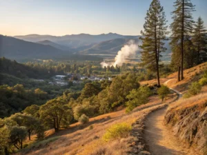 "Panoramic view of Calistoga at golden hour with Oat Hill Mine Trail, redwood trees, vineyards, Old Faithful Geyser, and Victorian buildings"