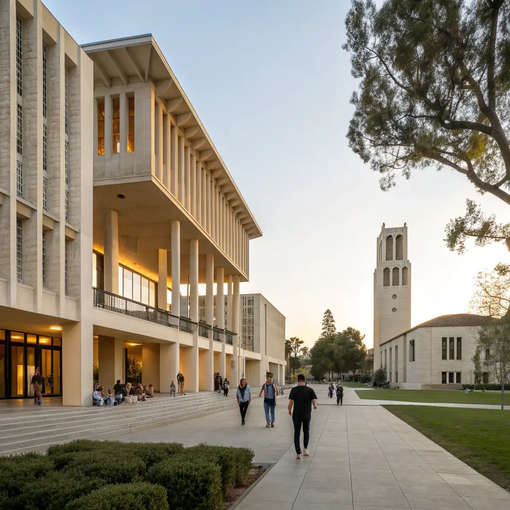 Modernist buildings with geometric shapes on Caltech's campus during golden hour