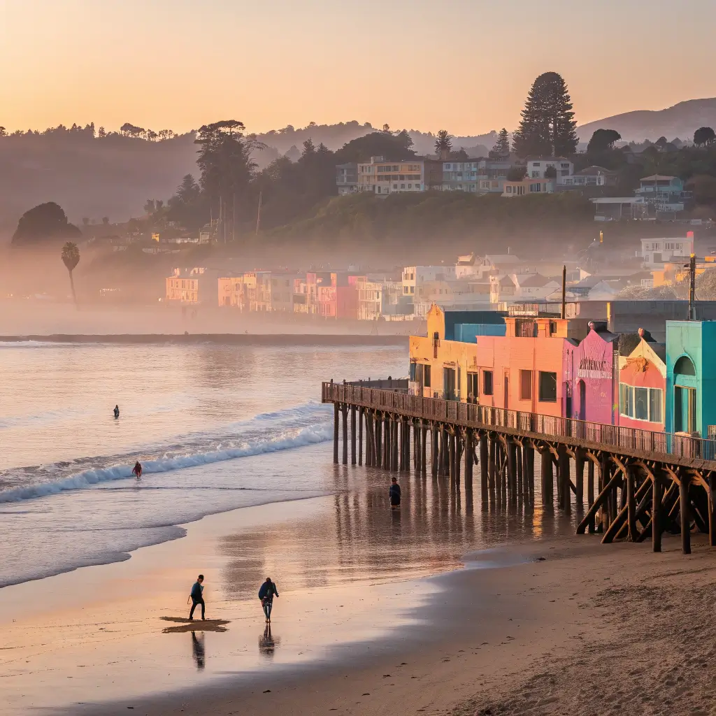 Sunrise at Capitola Wharf with pastel-colored buildings reflecting in calm water, empty beach, and distant surfers preparing their boards