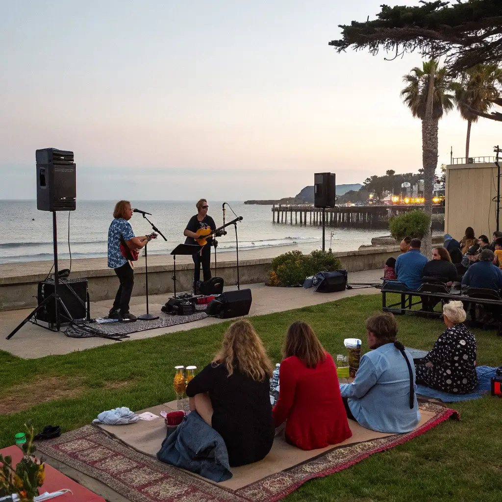 Local musicians perform at twilight concert in Esplanade Park, while audience relax on blankets, with the ocean and Capitola Wharf in the background