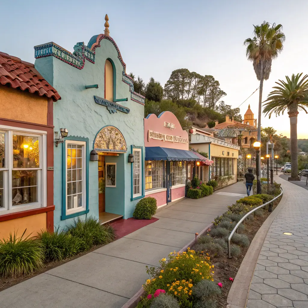 Charming architectural view of vibrant, historic buildings in Capitola Village, California in warm afternoon light