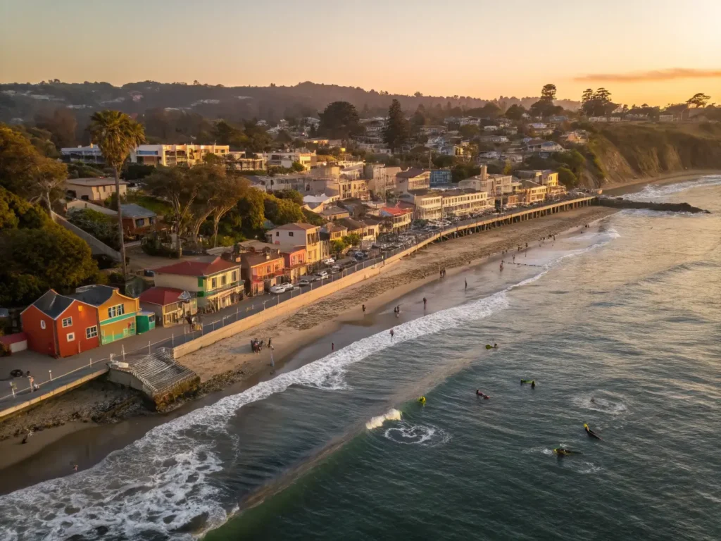 "Aerial view of Capitola Village at sunset showing vibrant beachfront houses, the Capitola Wharf, surfers, dolphins, and Esplanade Park, with a red telephone booth landmark and the Santa Cruz Mountains in the background"