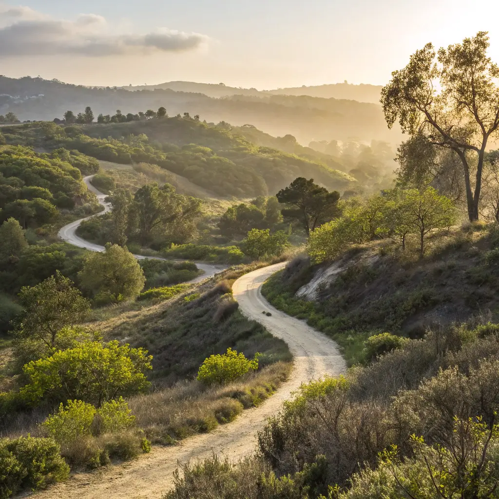 Morning sunlight filtering through trees on winding trails in Carbon Canyon Regional Park, Southern California