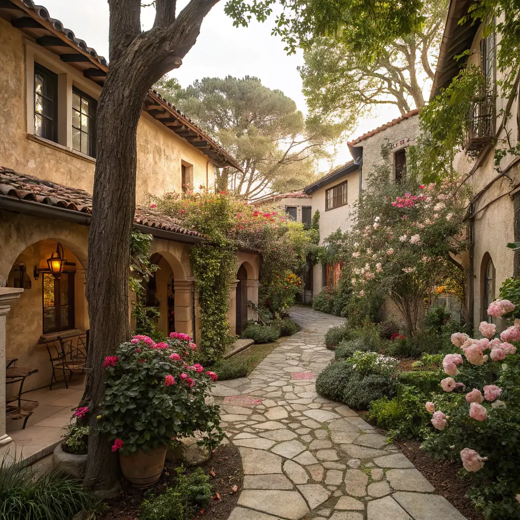 Vintage courtyard in Carmel with morning light filtering through old trees, intricate stone pathways, blooming flowers, and no people visible