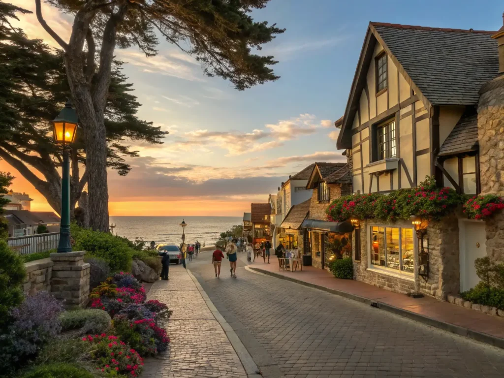 "Fairytale-like Tudor cottages line Ocean Avenue in Carmel-by-the-Sea at sunset, people casually stroll past art galleries, while Carmel Beach and Pacific Ocean are visible at the end. Golden light highlights flower baskets, cypress trees and historic lampposts, with sunset colored clouds over the ocean."