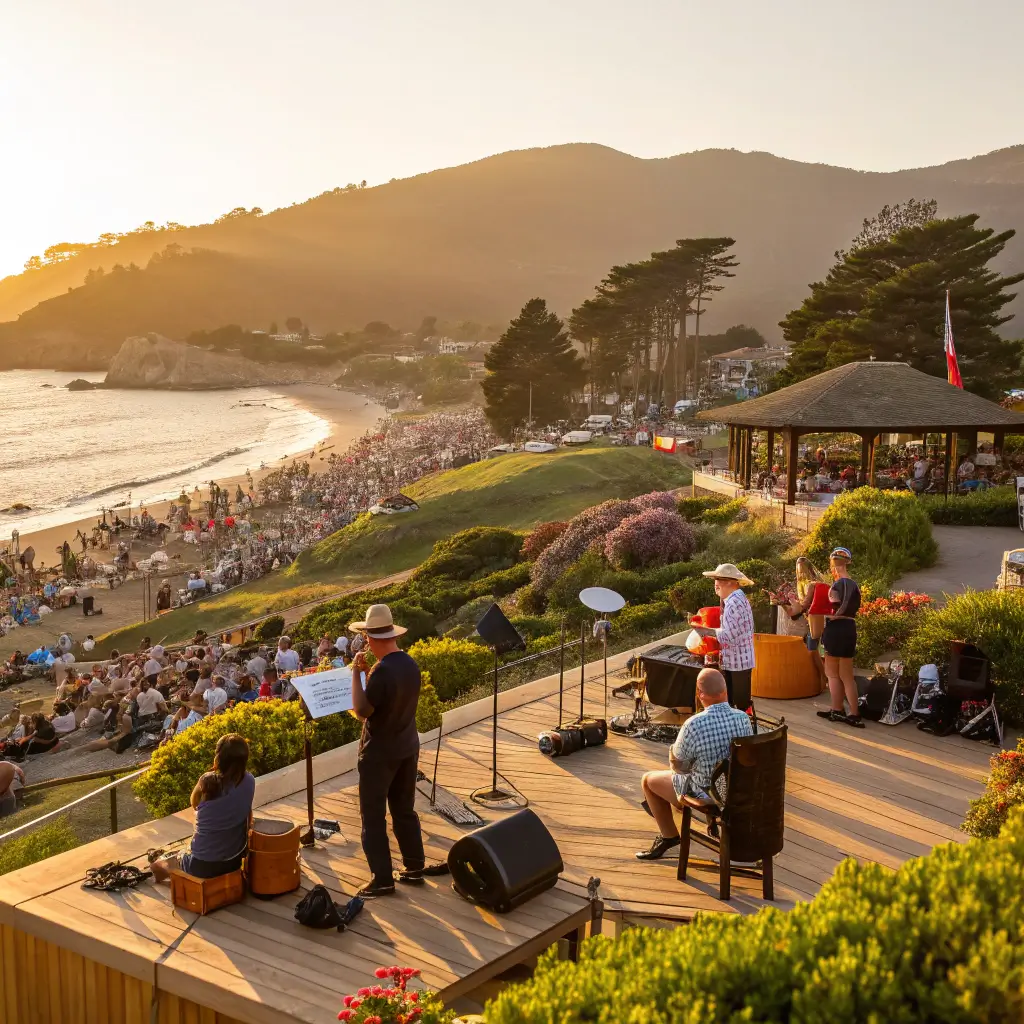 Musicians performing at a summer outdoor concert in Carmel with diverse crowd enjoying, under a golden sunset light illuminating the coastal landscape