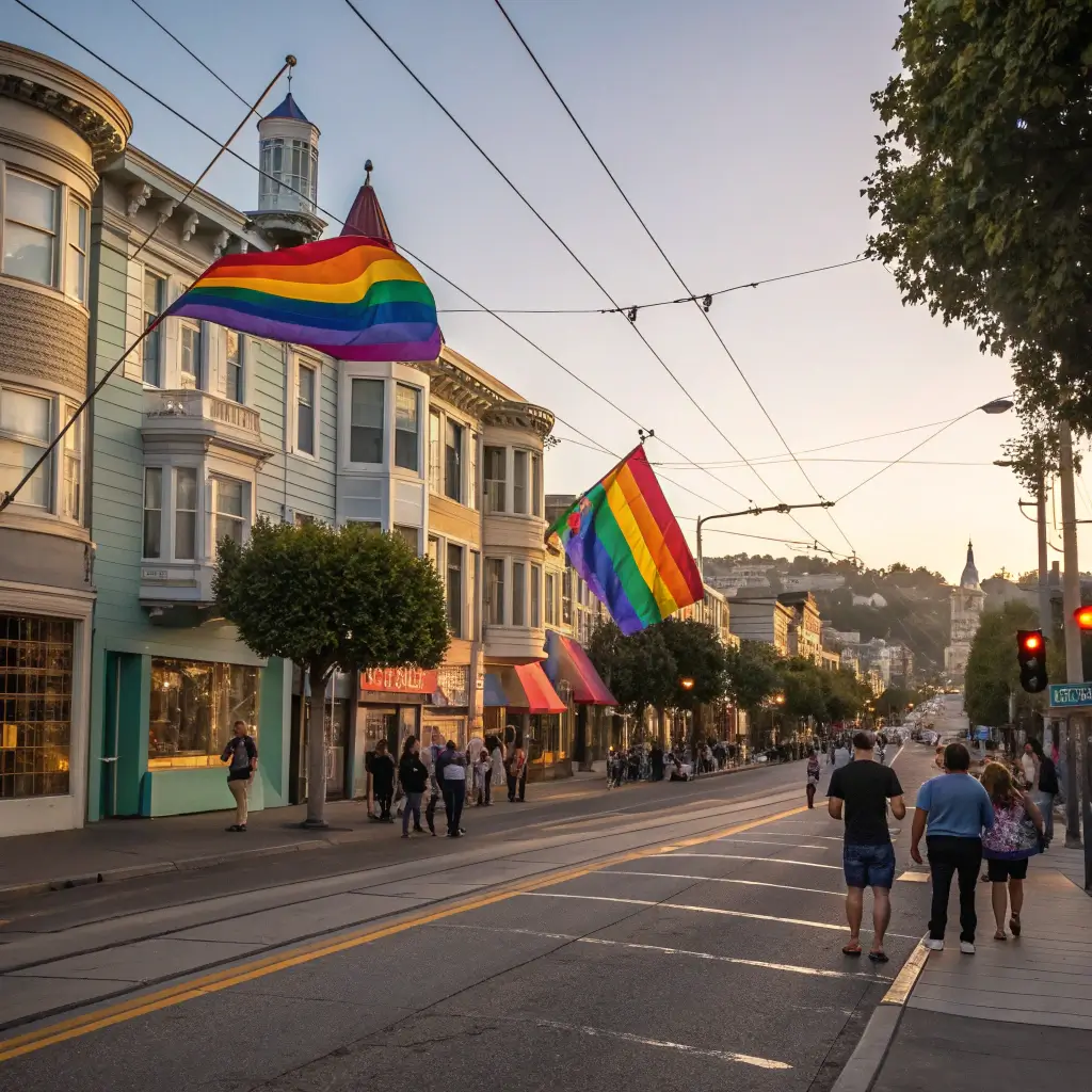 Vibrant LGBTQ+ pride scene in Castro District with rainbow flags, historic buildings, diverse pedestrians, and warm golden hour lighting