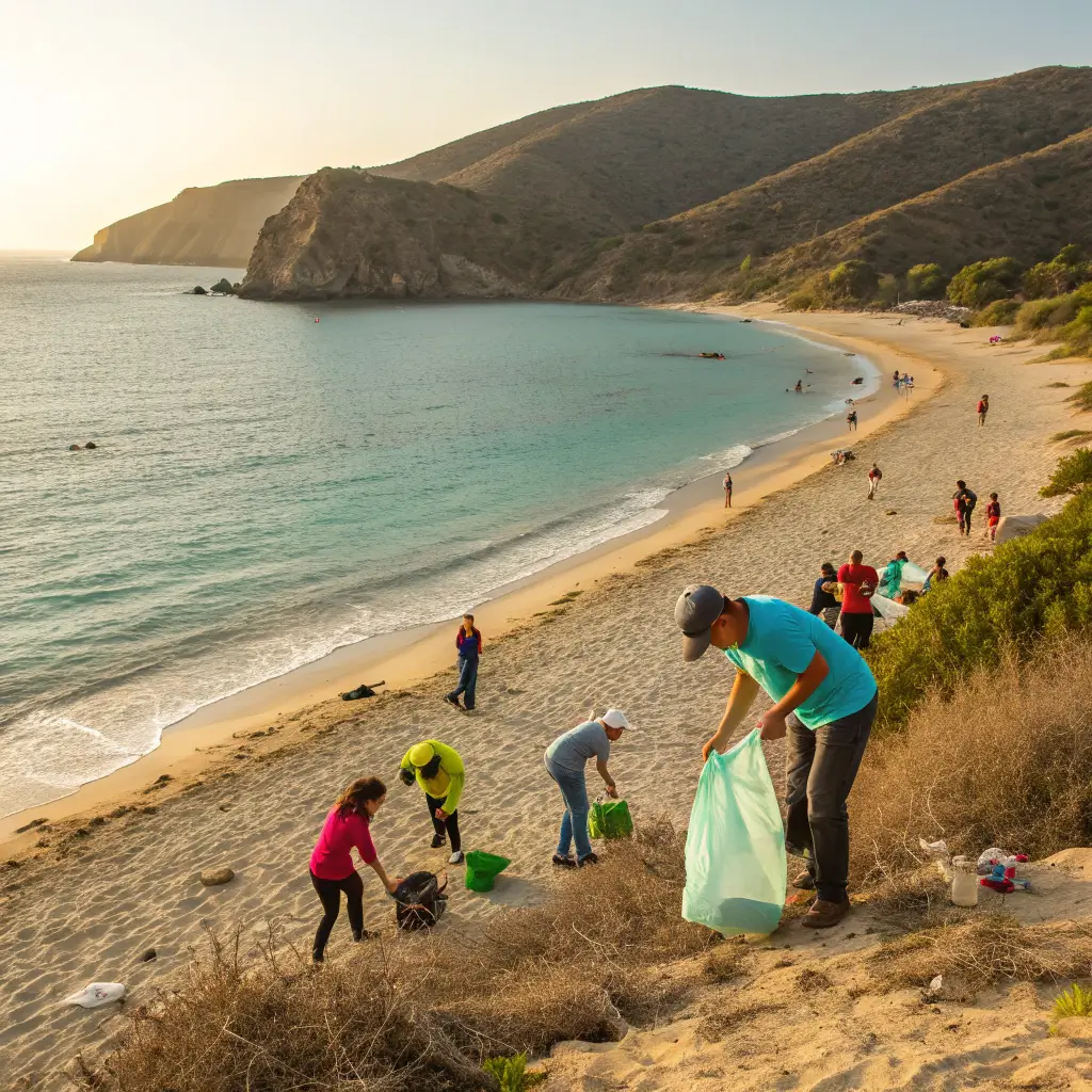 Hidden Paradise: 17 Mind-Blowing Free Adventures in Avalon You Can't Miss Volunteers participating in a beach cleanup on a pristine Catalina Island with crystal clear turquoise water in the background, under soft morning light