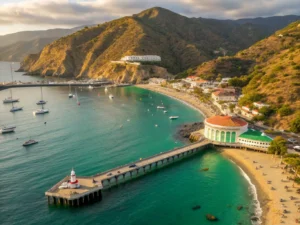 "Aerial view of Avalon Harbor on Catalina Island with Green Pleasure Pier, Mediterranean-style buildings, Catalina Casino, and beachgoers at South Beach in warm, golden-hour lighting, styled as a vintage travel poster."