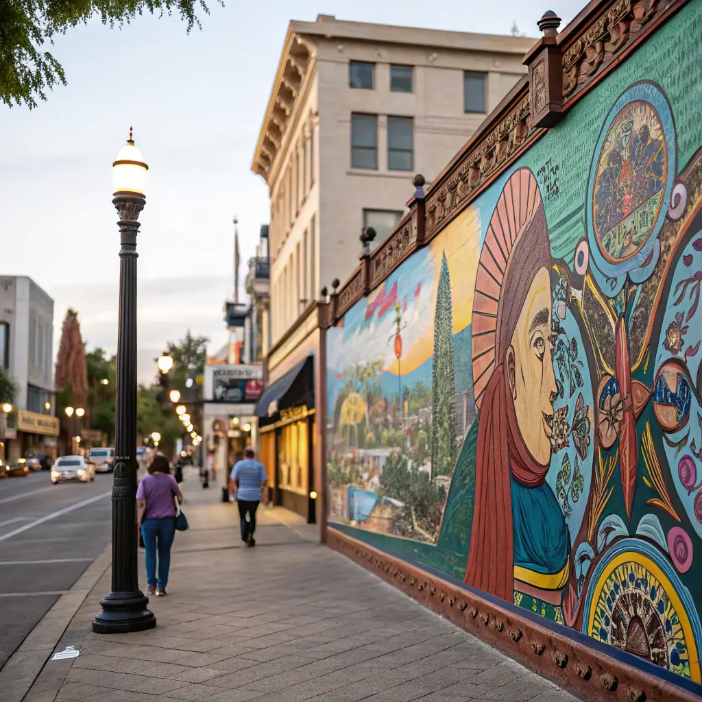 Chico's Hidden Treasure Trove: Incredible Free Adventures That'll Blow Your Mind! Vibrant street-level mural in downtown Chico, highlighting intricate artistic details against a softly blurred urban background