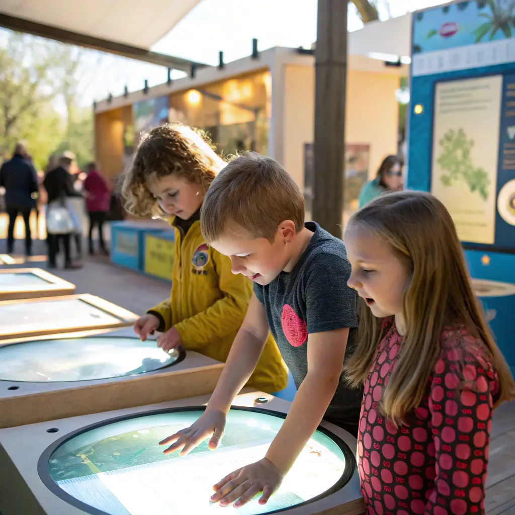 Children engaging with interactive science exhibits at an outdoor museum, expressing curiosity and wonder in bright natural light
