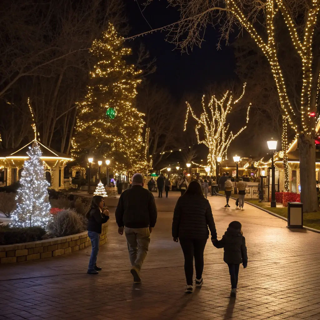 Christmas in the Park at night with twinkling lights, festive displays, and families enjoying the illuminated plaza