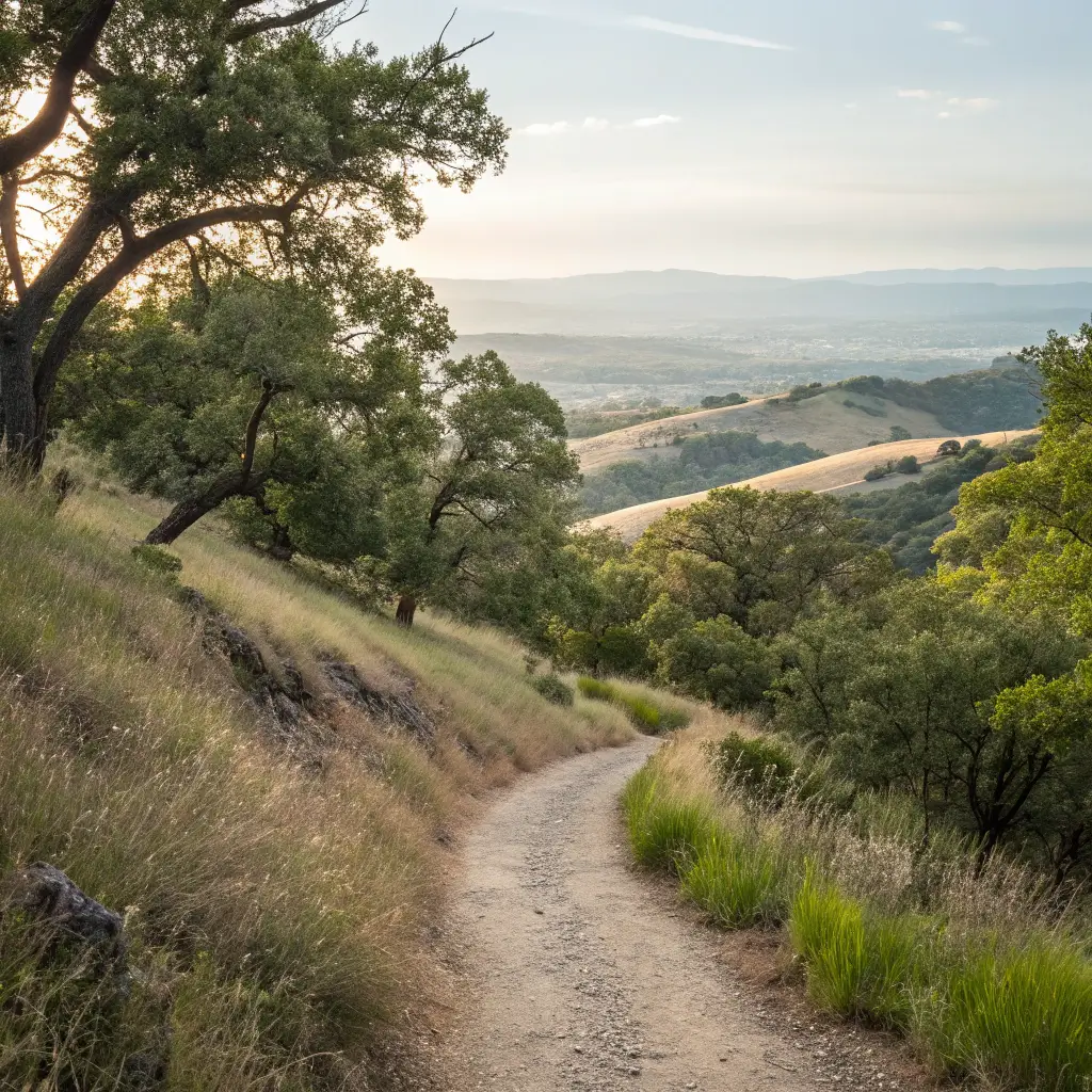 Hiking trail in Clovis, California with morning light filtering through native vegetation, winding path disappearing into a rolling landscape