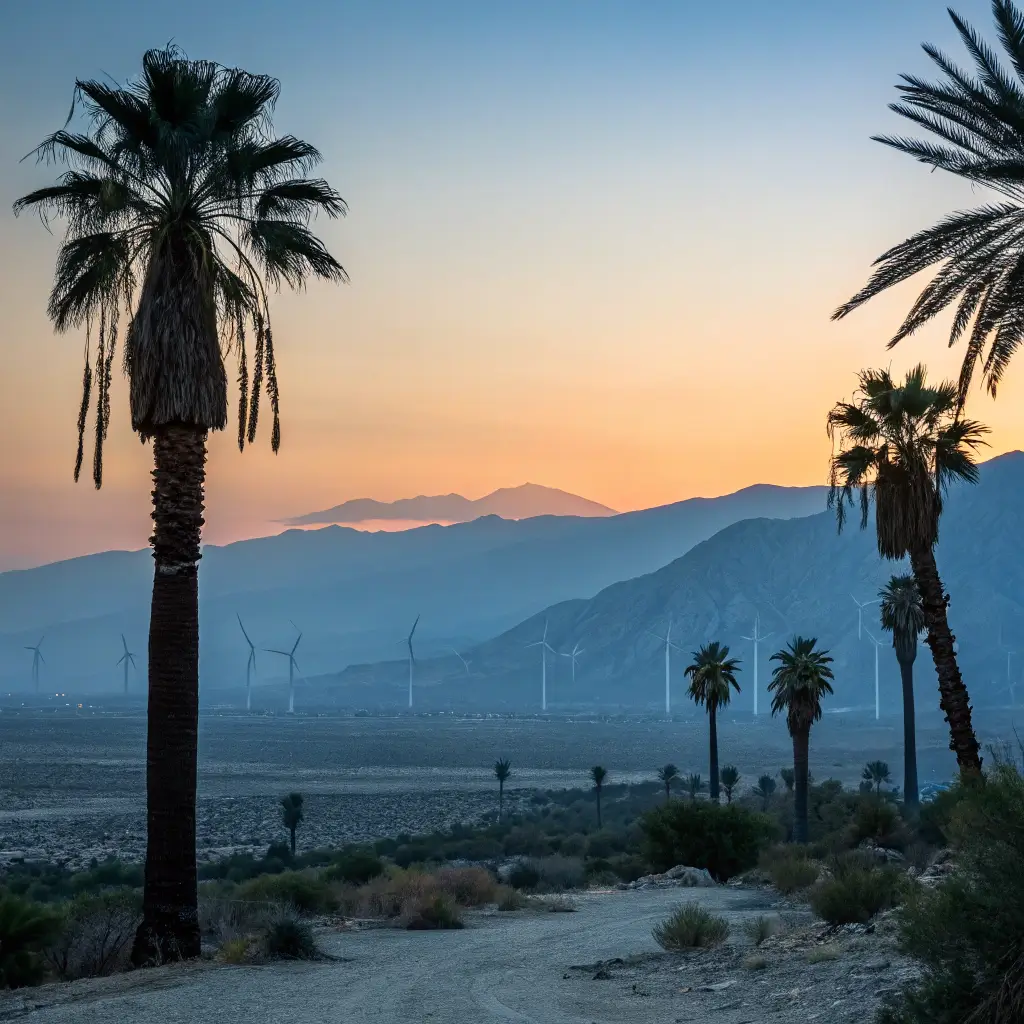 Twilight scene of Coachella Valley Preserve with silhouetted palm trees, distant wind turbines, gradient sky from blue to orange, and serene desert landscape
