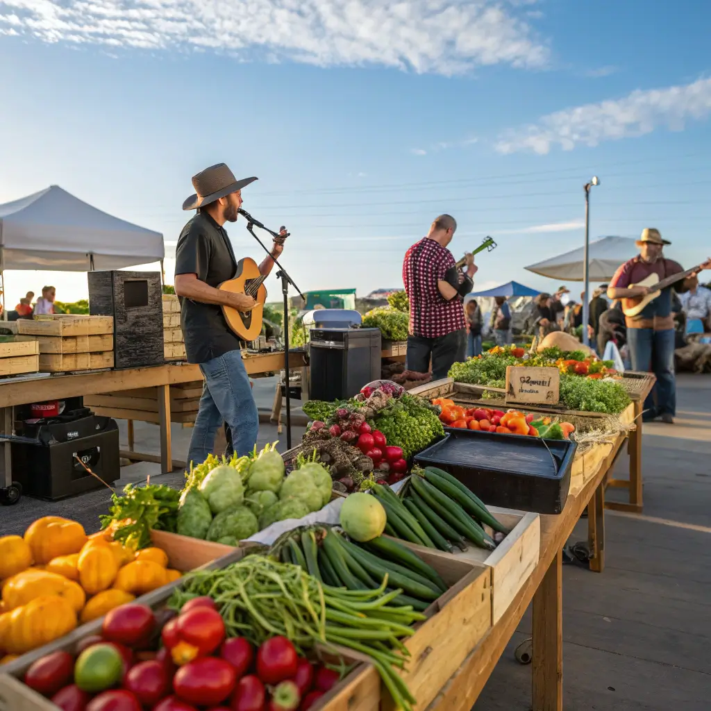Local vendors selling fresh coastal produce at a bustling farmers market, colorful fruits and vegetables on wooden tables, musicians performing, and people shopping under a bright morning sky.
