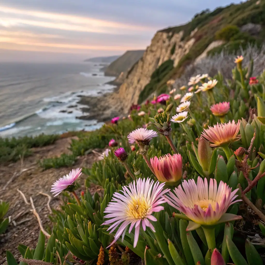 Close-up shot of vibrant wildflowers blooming on coastal cliffs in the soft morning light, highlighting the delicate Mediterranean plant ecosystem