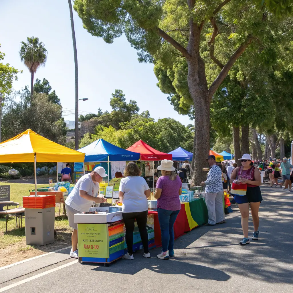 Volunteers setting up vibrant colorful booths at an outdoor community festival, with people of various ages interacting and preparing for the event, on a sunny day with lush trees in the background.