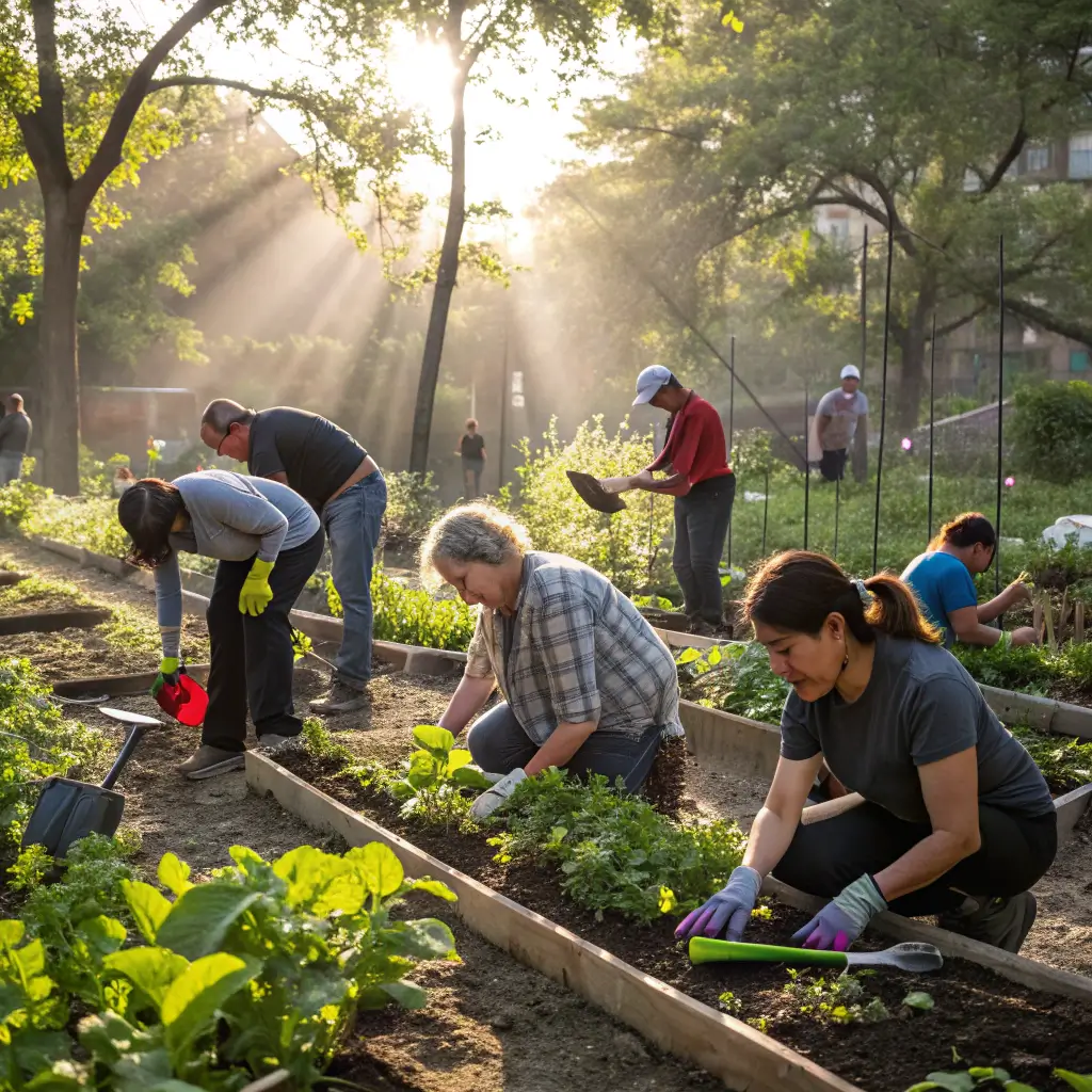 Free Things to Do in Davis: A Budget-Friendly Adventure Guide Diverse group of volunteers of all ages working together in a community garden, planting vegetables in sunlight