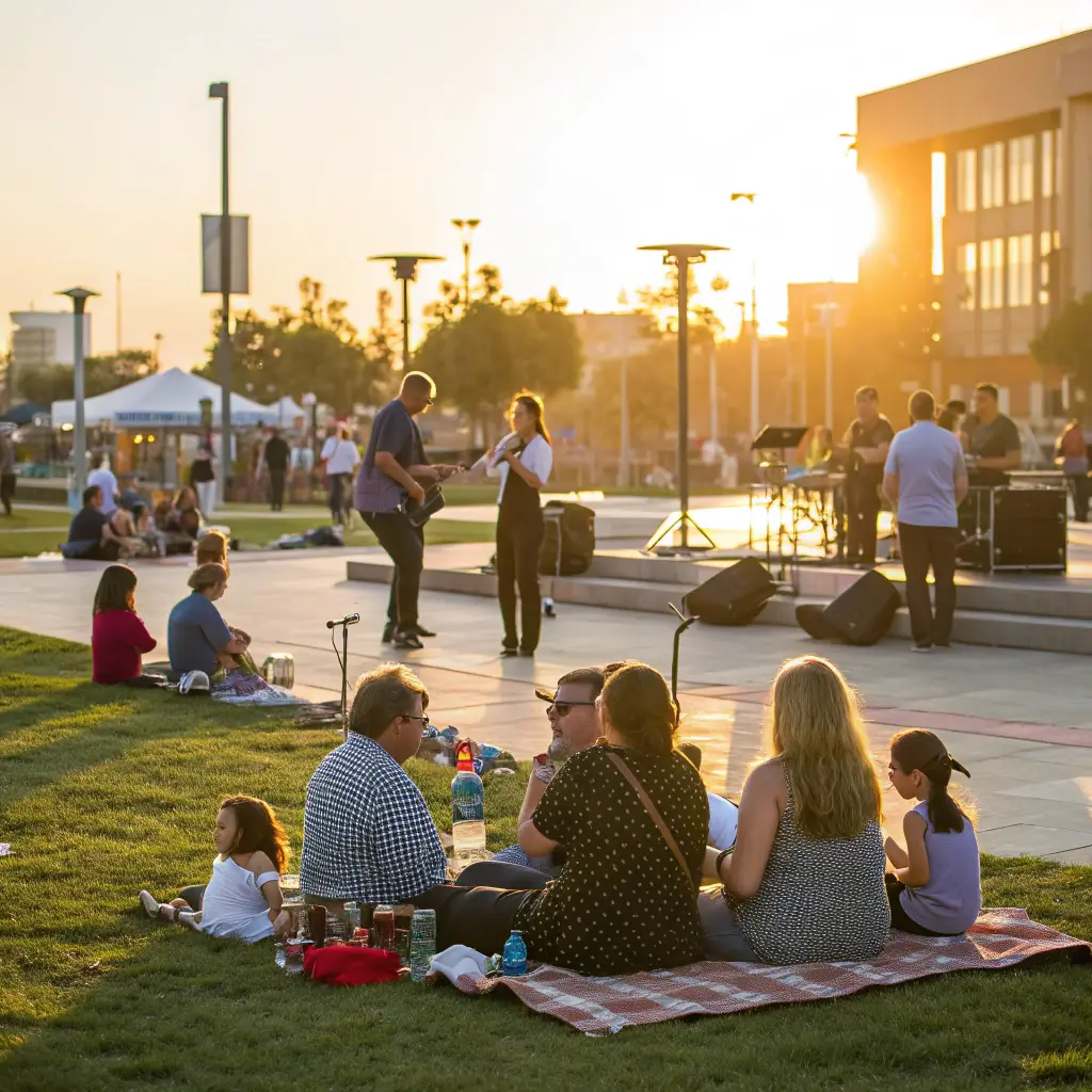 Chico's Hidden Treasure Trove: Incredible Free Adventures That'll Blow Your Mind! Musicians performing on a simple stage in a public plaza at golden hour, amidst a diverse audience of families and individuals sitting casually on blankets and grass