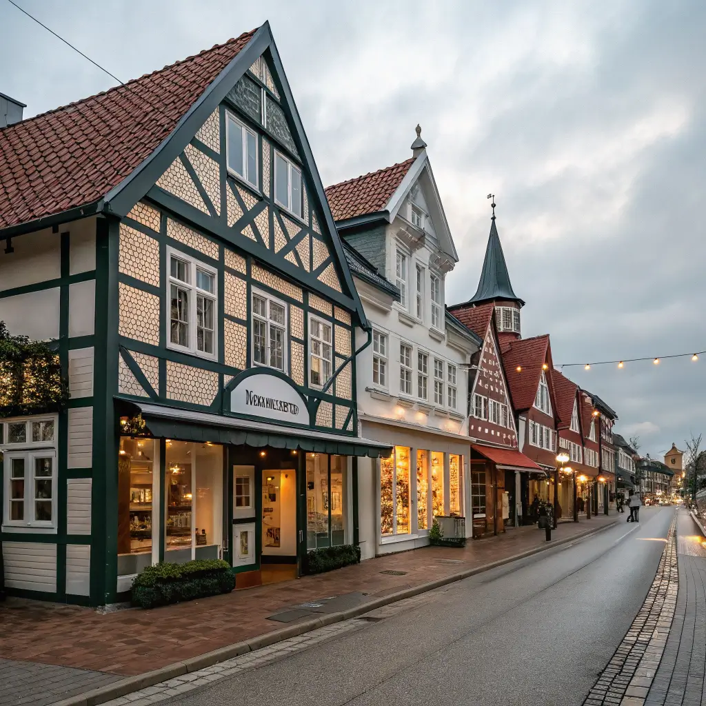 Copenhagen Drive with intricate Danish architecture, quaint storefronts, gabled roofs, and California-Scandinavia design blend, no people visible