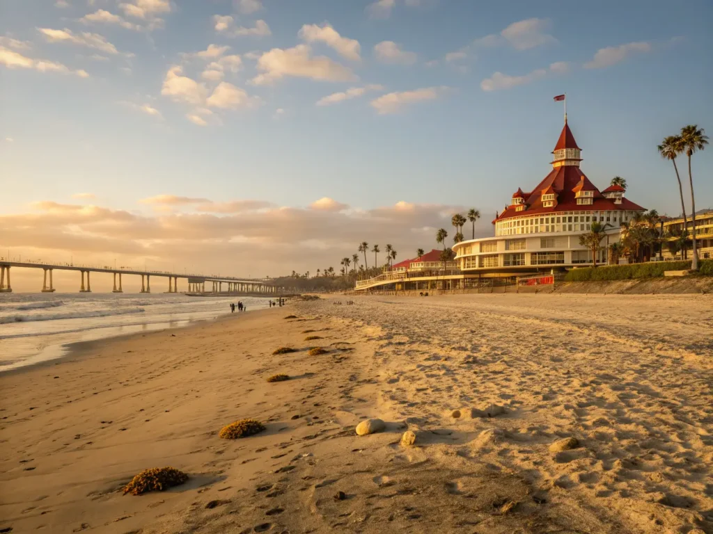 "Sunset at Coronado Beach with the iconic Hotel del Coronado, golden sandy beach, scattered seashells, San Diego-Coronado Bridge, palm trees, and rolling waves in the frame"