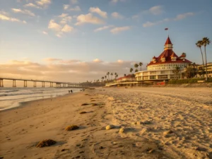 "Sunset at Coronado Beach with the iconic Hotel del Coronado, golden sandy beach, scattered seashells, San Diego-Coronado Bridge, palm trees, and rolling waves in the frame"