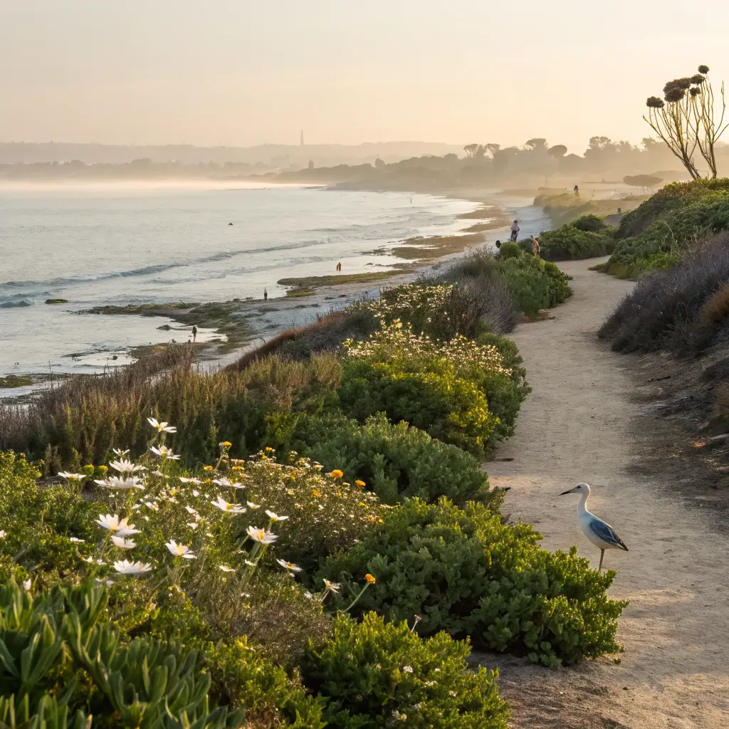 Free Things to Do in Coronado: Your Ultimate Budget-Friendly Island Adventure Guide Coronado's coastal path's serene ecological landscape with morning light highlighting native plants and local marine birds