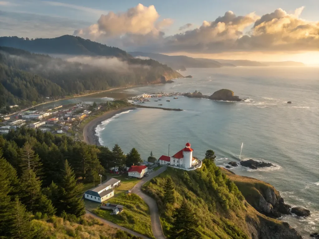 "Aerial view of Crescent City, California with Battery Point Lighthouse, redwood forests, fishing harbor, hiking trails and downtown murals at golden hour"