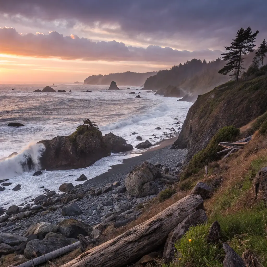 Crescent City's shoreline at sunset with rocky beach, crashing waves, driftwood, agate stones, and vivid orange and purple skies