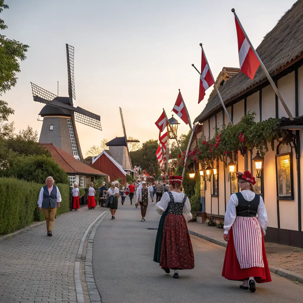 Locals in traditional Danish costumes taking part in the Danish Days festival on a quaint street lined with windmills during golden hour, highlighting community spirit and cultural celebration with authentic Danish architecture in the background
