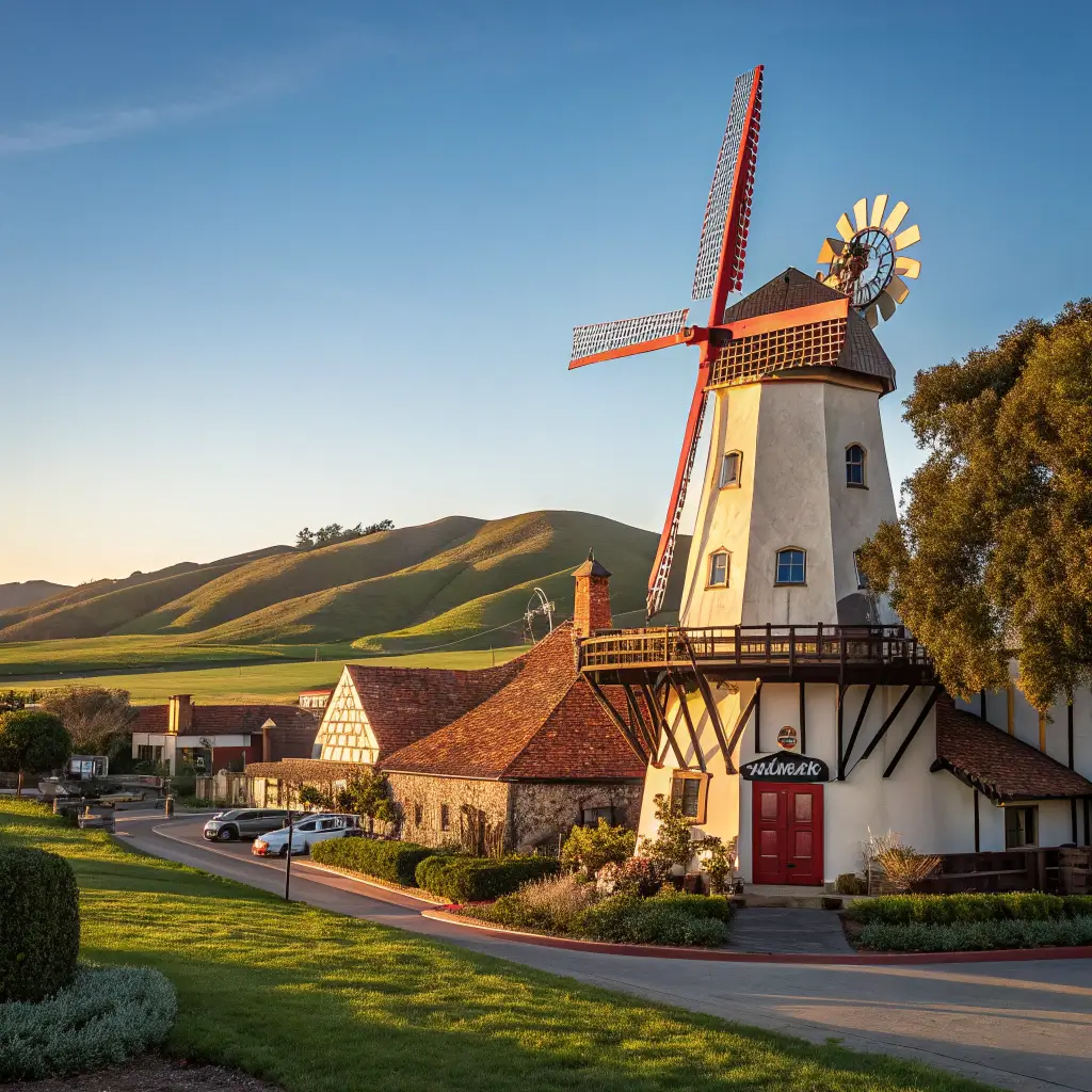 Traditional Danish windmill in Solvang, California under a bright blue sky with golden sunlight casting shadows on landscape