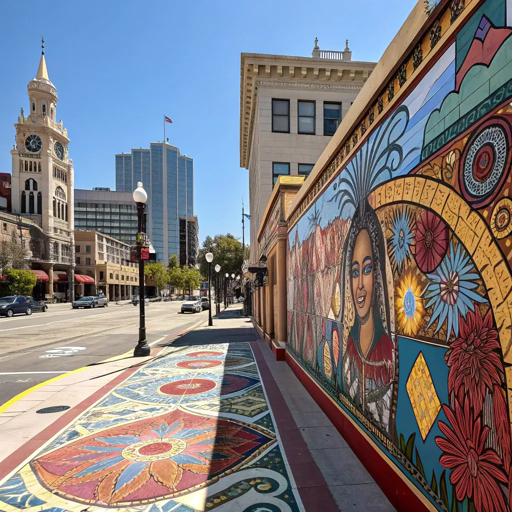 Free Things to Do in Davis: A Budget-Friendly Adventure Guide Vibrant street art mural in downtown Davis displaying rich cultural detail, local artistic style, under bright daylight with architectural elements in the background.