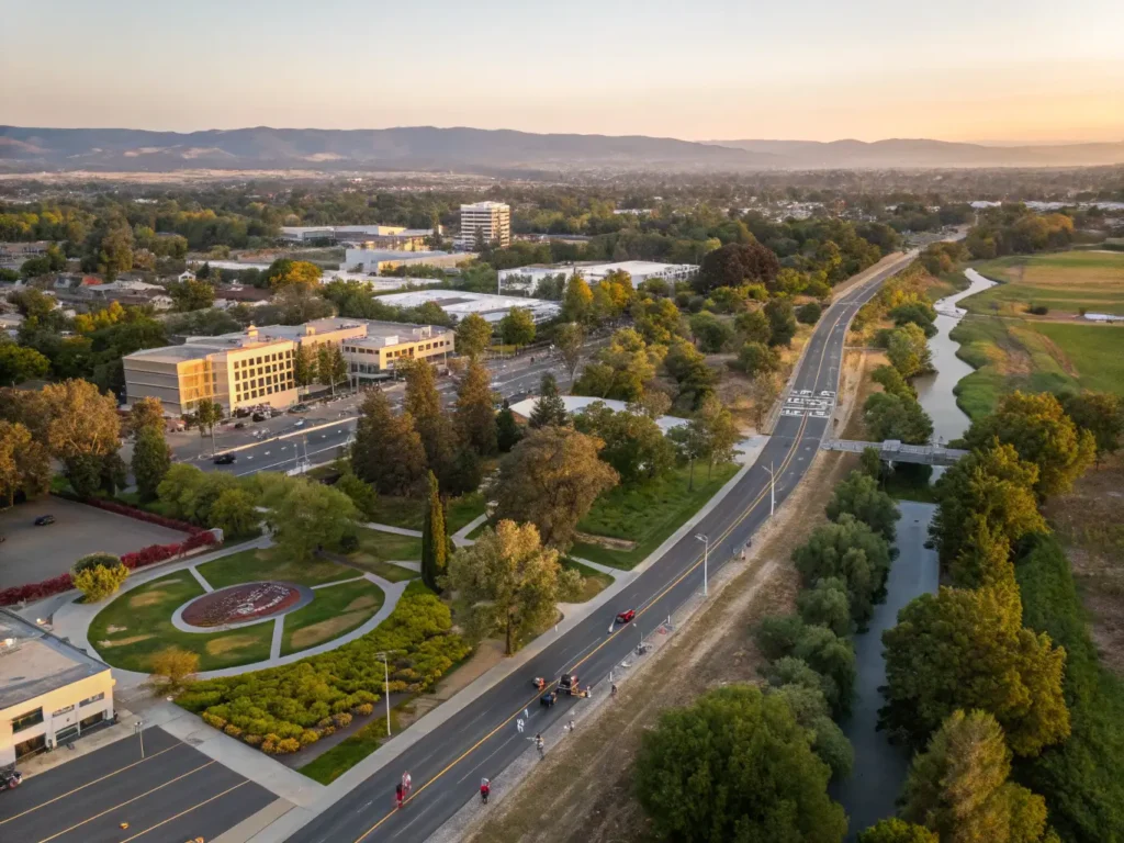 "Aerial sunset view of Davis, California highlighting UC Davis campus, bike paths, greenbelt trails, downtown murals, farmers market, Putah Creek Wetlands, and community gardens"