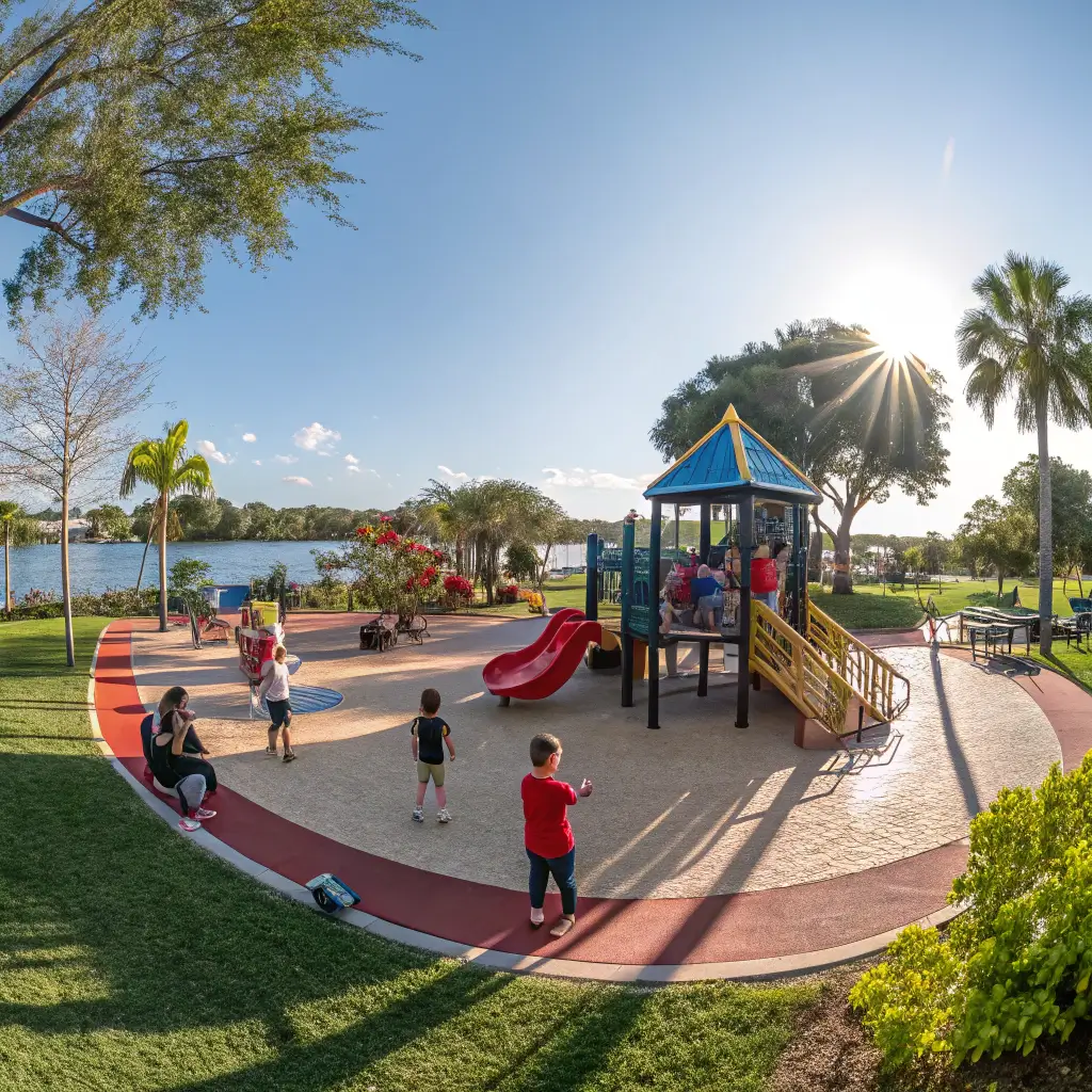 Children and families enjoying the colorful playground equipment at Dennis the Menace Park near Lake El Estero in bright sunshine