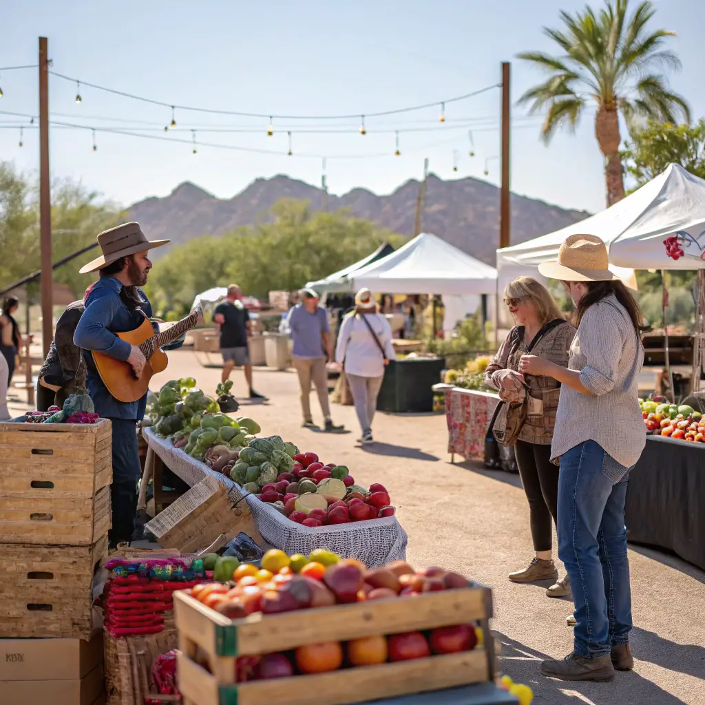 Bustling Saturday morning farmers market in the desert with people interacting around colorful local produce and craft stalls, enjoying live music under bright sunlight