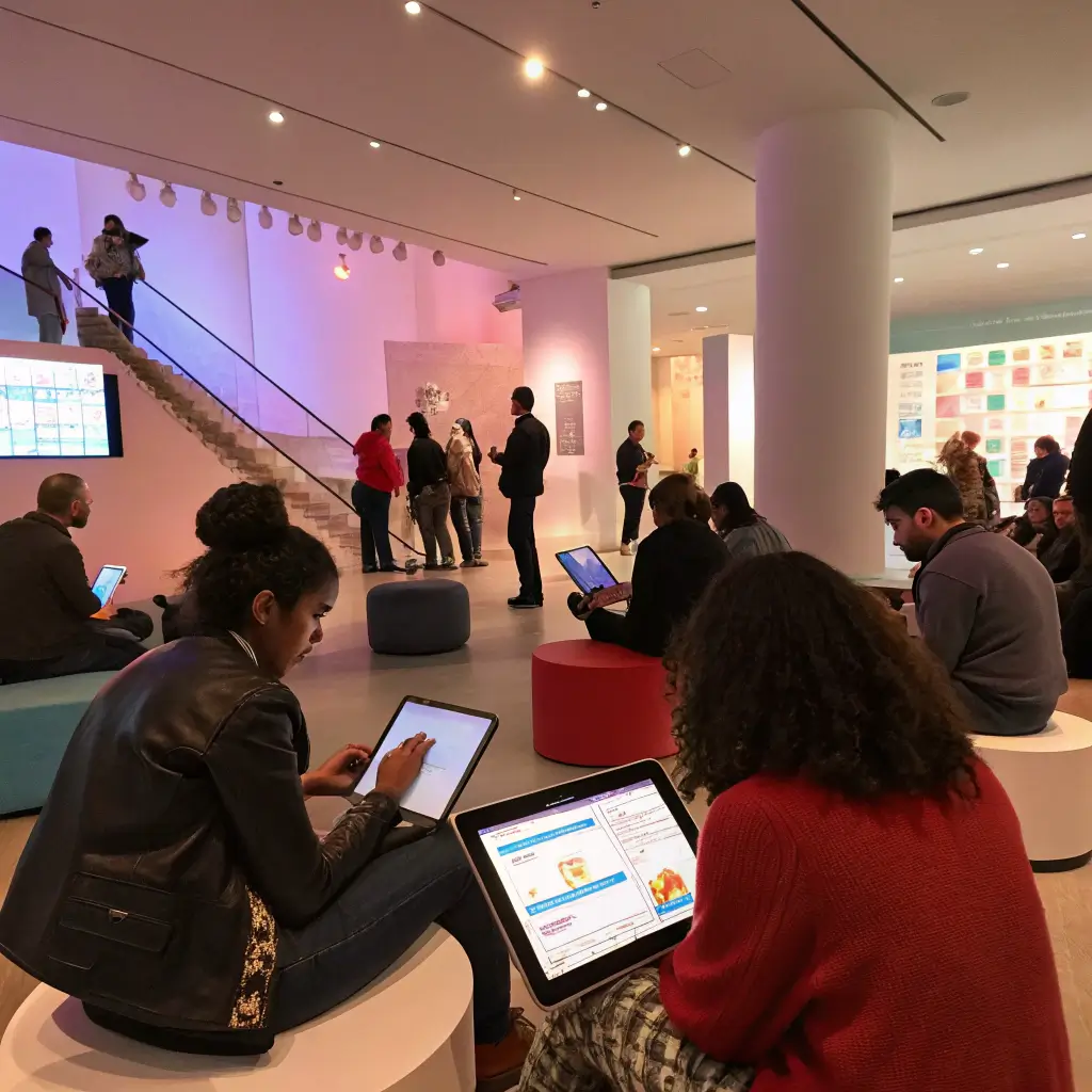 Diverse group of people engaging with digital screens and tablets in a modern, technology-enabled community space with soft ambient lighting, exploring event calendars and community platforms