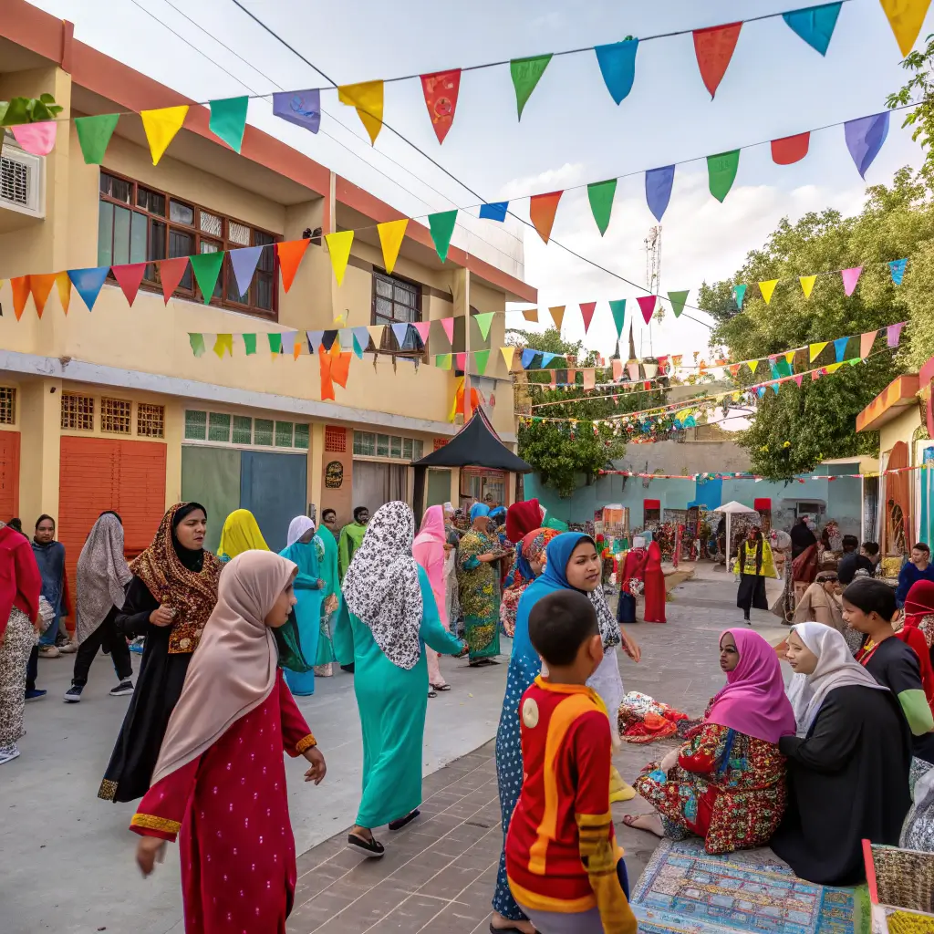 Diverse community participating in a vibrant outdoor cultural celebration with colorful decorations and traditional clothing