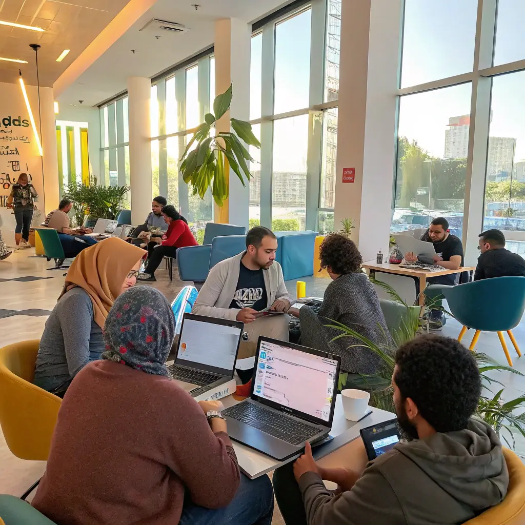 Diverse group participating in a web development workshop at a modern community center, discussing animatedly with laptops open, natural light from large windows illuminating the room