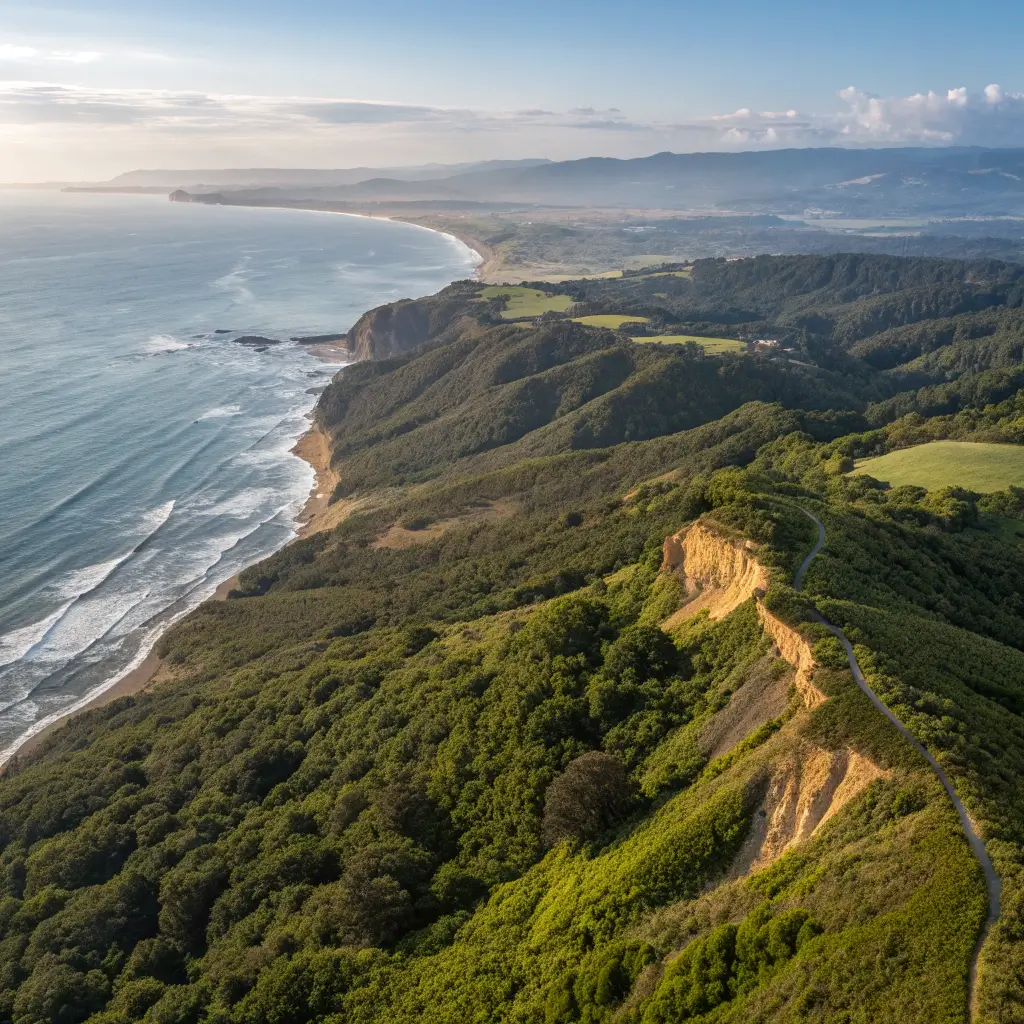 Overhead view of Douglas Family Preserve showing dramatic bluff landscape, expansive ocean, green coastal vegetation, distant ocean horizon, and natural lighting