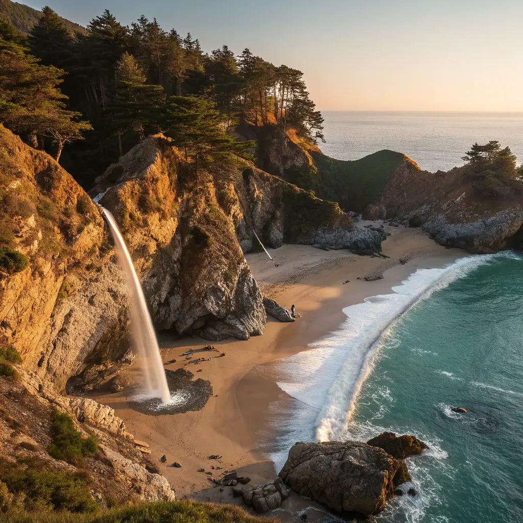 Panoramic view of an 80-foot waterfall cascading onto a sandy beach surrounded by rocky cliffs, with afternoon sunlight highlighting the coastal textures, shot in ultra-high resolution with a wide-angle lens
