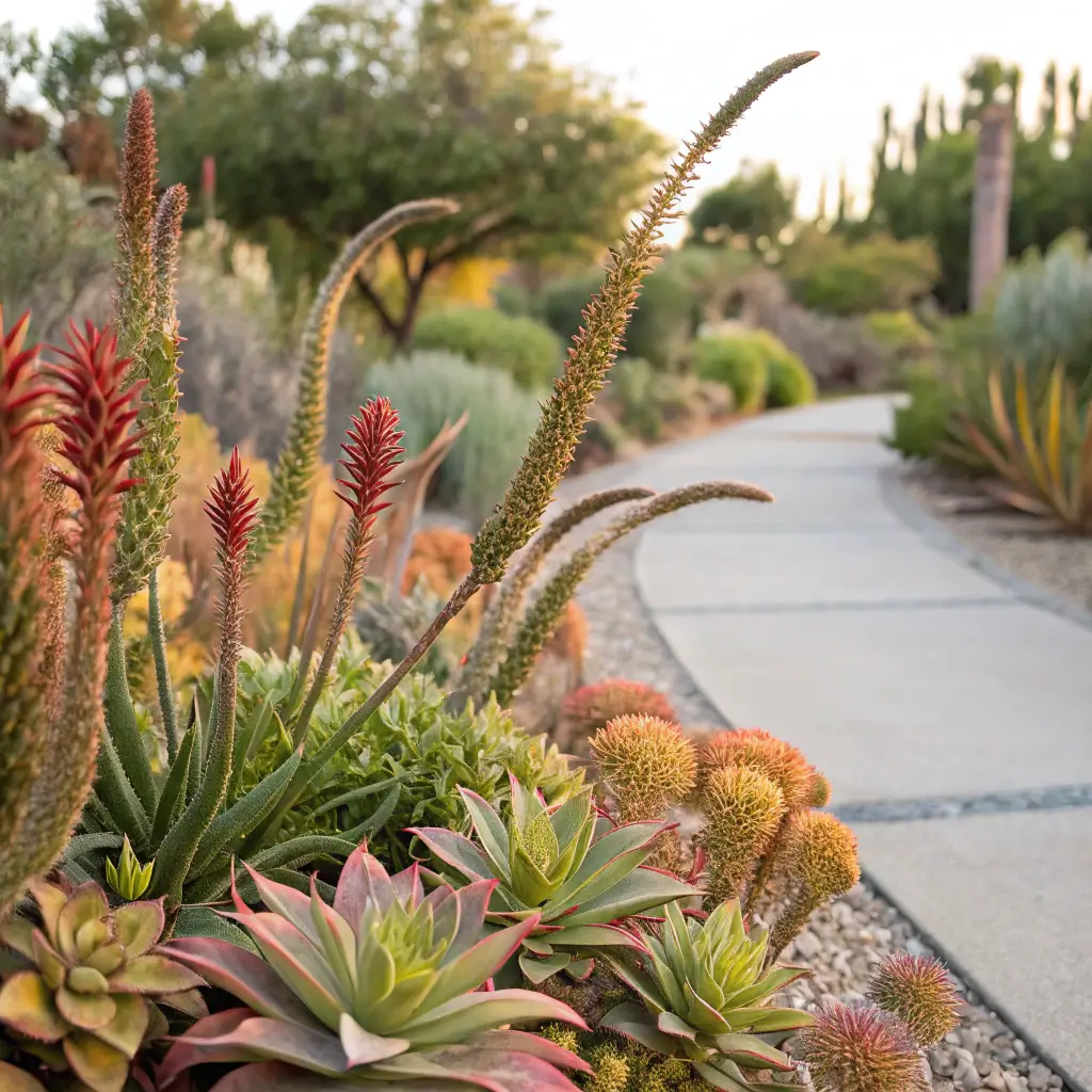 Close-up view of drought-tolerant plants showcasing intricate textures and colors in Clovis Botanical Garden with blurred garden pathways in background