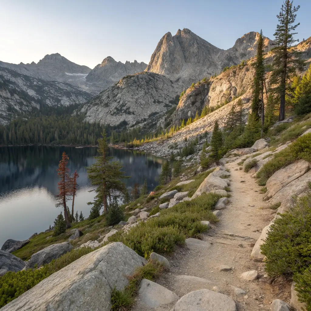 Morning light over Eagle Lake Trail with granite mountain peaks and alpine lake