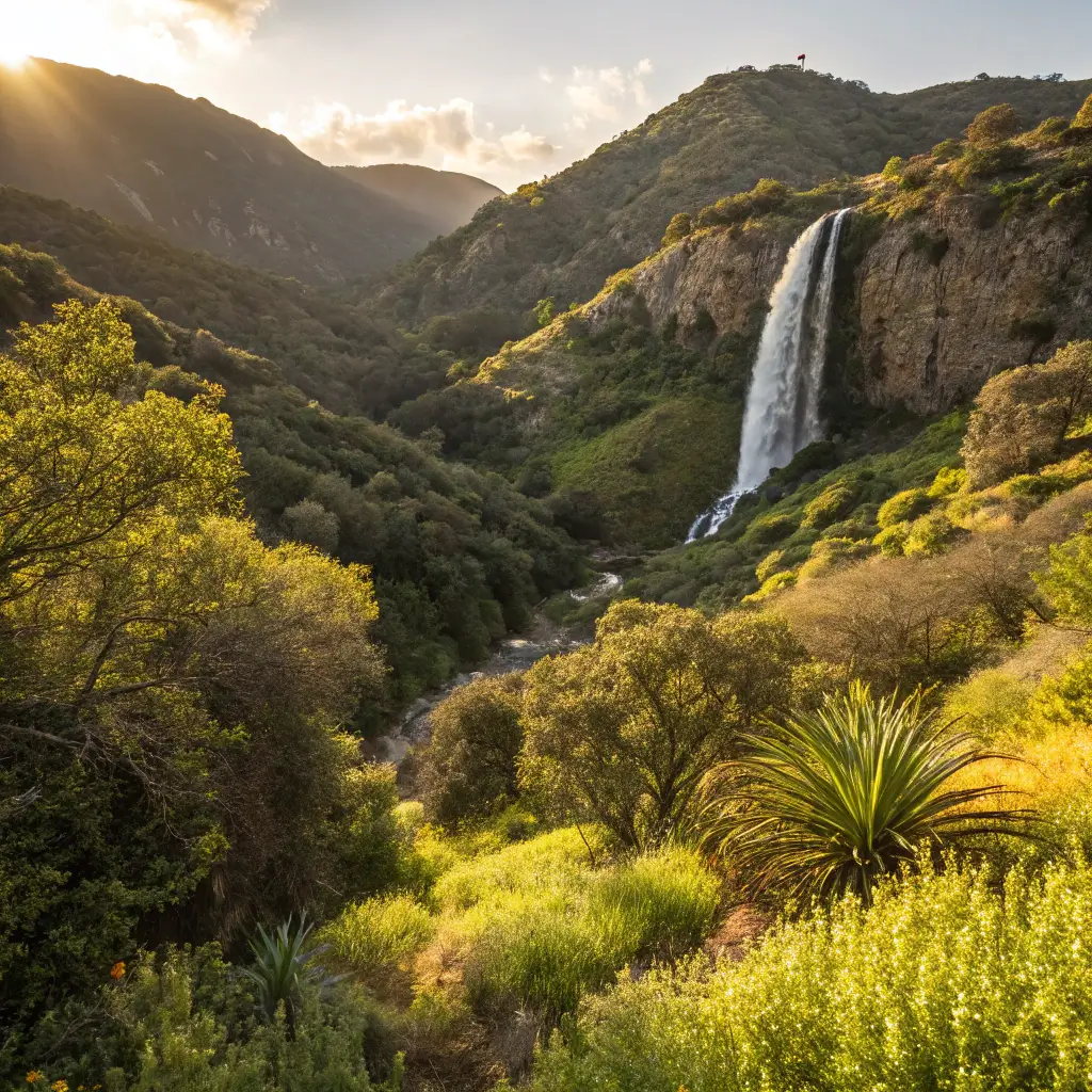 Vibrant, sunlit landscape of Eaton Canyon with a cascading waterfall, lush greenery, native wildlife, during golden hour