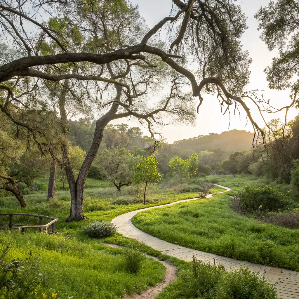 Tranquil morning at El Dorado Nature Center showcasing lush greenery, winding trails, native trees, and detailed botanical foreground, with sunlight filtering through branches
