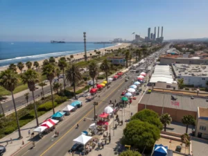 "Aerial view of El Segundo's Main Street during Hometown Fair showcasing colorful carnival tents, street performers, families, Old Town Music Hall building, children playing in parks, beach-goers, palm trees, Chevron refinery towers, American flags, and kites under the clear blue sky."