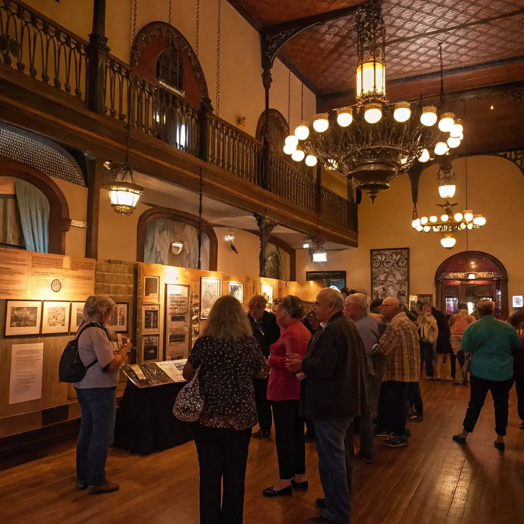 Community members engaging in conversations and exploring exhibits in the warmly lit Old Town Music Hall, El Segundo, showcasing historic architecture and cultural richness